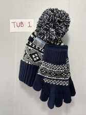 West Loop Kids Navy Blue White Bobble Hat and Gloves Set boys aged 4-8