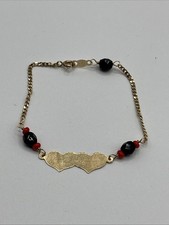 14K Yellow Gold Newborn Baby ID Bracelet Red Black Stones Love Heart ID Tag