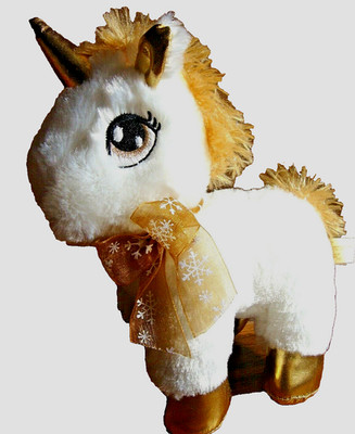 MTY International Unicorn Plush 8'' Stuffed Animal Toy White Gold~Mane~Bow    614