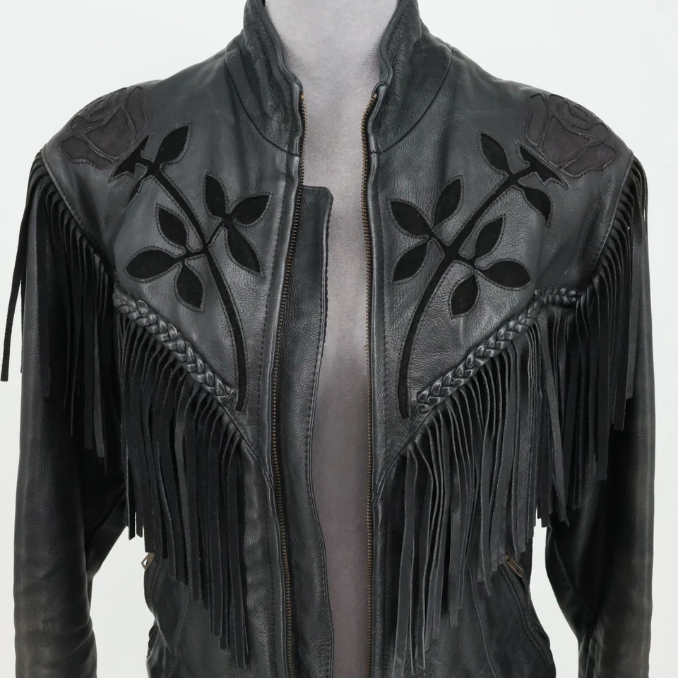 Jaqueta de couro franja feminina grande preta com zíper completo recorte forrada cowgirl faroeste - Imagem 3 de 4