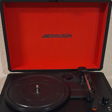 JESOUSN Bluetooth Suitcase Turntable Record Player Black/Red Stereo RCA Out