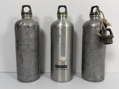 3 Sigg Vintage Fuel Bottles + Caps Silver aluminum Backpacking