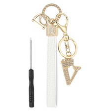 Leather Wristlet Keychain, Crown Design Letter V Keychains