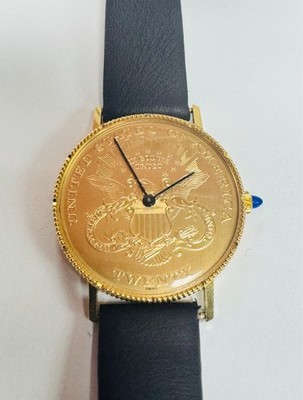 Vintage Corum 1800s 18kt Gold $20 Coin Watch 33mm Swiss Made Brown Leather Band