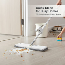 Floor Cleaning System with Flat Mop and Hand Wash Free Bucket, for Tile Floors