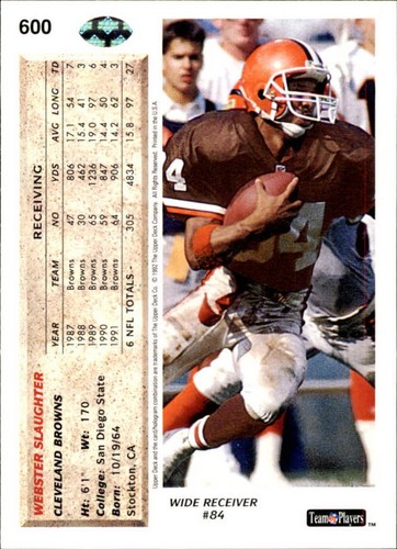 1992 Upper Deck Football Card #600 Webster Slaughter - Picture 2 of 2