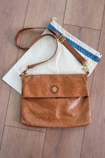 Tory Burch Dena Leather Crossbody Bag Brown Foldover Gold Logo Slouchy