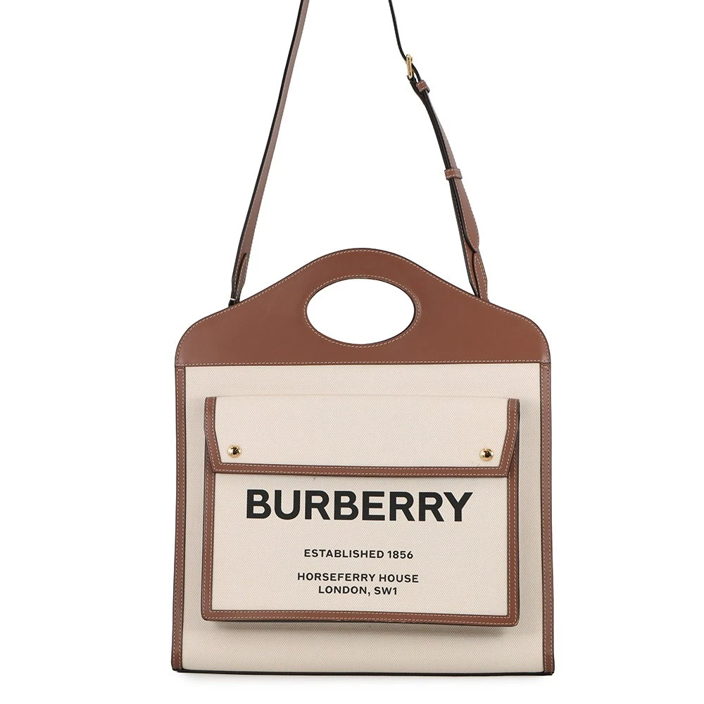 Burberry — BURBERRY Pocket Bag 2WAY Bag Size Medium Canvas/Leather Natural/Malt Brown 8...