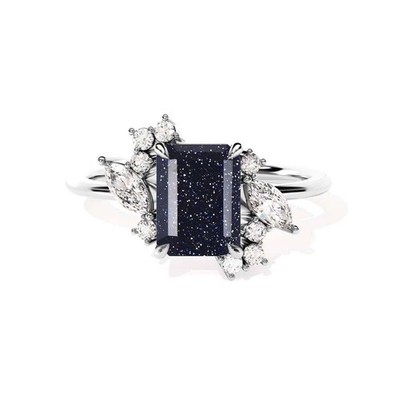 Emerald Cut Blue Sandstone Halo Ring Engagement Ring Starry Night Promise Ring