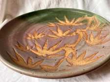 DMW, Don Williams Studio pottery, large round platter, bamboo leaves, wax resist