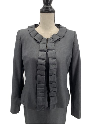 Kasper Womens Skirt Suit Gray 6 Ruffled Knee Length Three Piece Jacket Tank Top - Picture 2 of 8