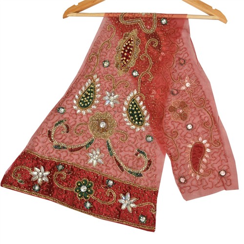 Sanskriti Vintage Design Fabric Hand Beaded Indian Craft Maroon Glass Sequins - Picture 9 of 10