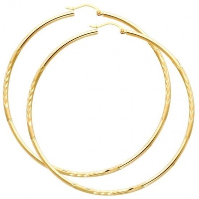 14K Real Yellow Gold 2mm Thick Diamond Cut Satin Endless XL Large Hoop Earrings