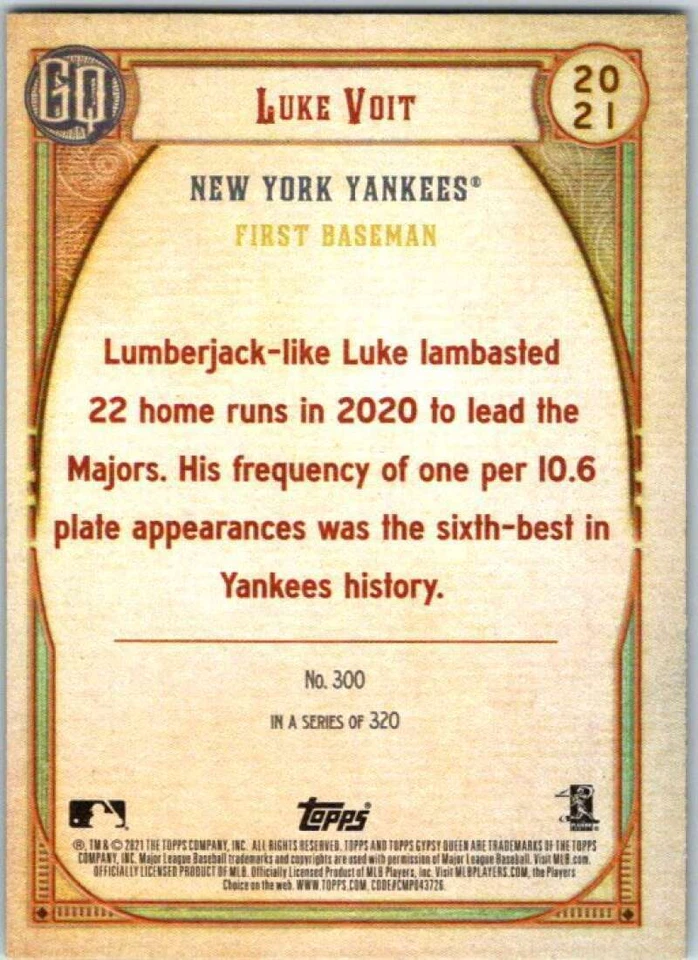 2021 Topps Gypsy Queen Green #300 Luke Voit  New York Yankees V48965 - Image 2 of 2