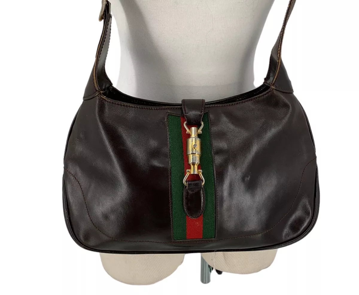 Gucci Vintage Large Jackie O Black Canvas and Brown Leather Hobo