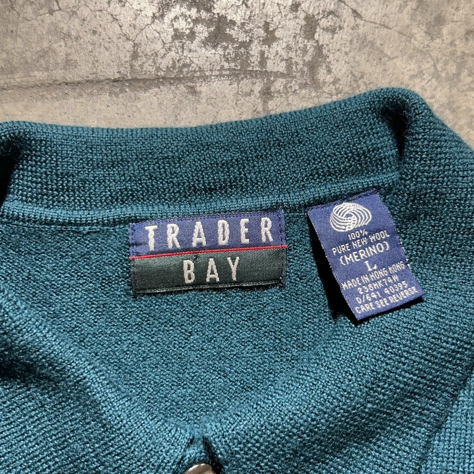 Vintage 90s Trader Bay 100% merino Wool Collared Sweater Men’s Size L Green - Image 2 of 4