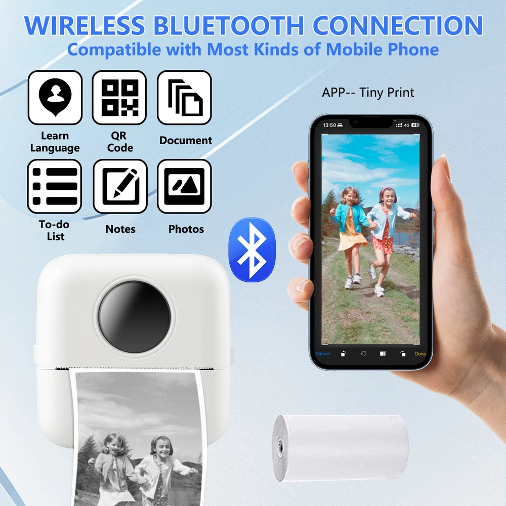 Mini Bluetooth Portable Inkless Thermal Photo Printer with Roll Paper  