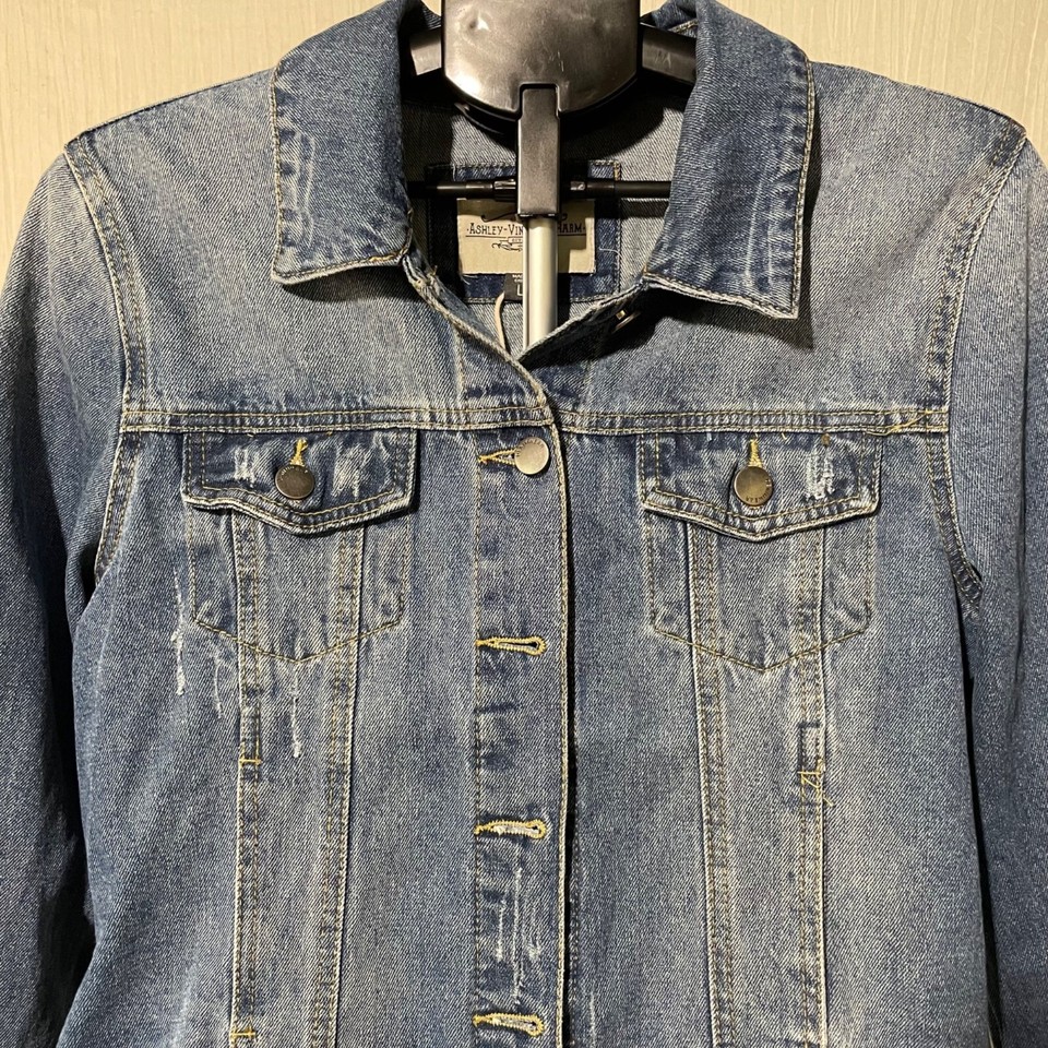 Ashley Vintage Charm Denim Jacket Distressed with Graphic on Back NWT