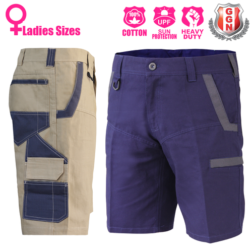 Ladies Cargo Work Shorts - Cotton Drill, UPF 50+, 13 Pockets, Modern Fit For Construction
