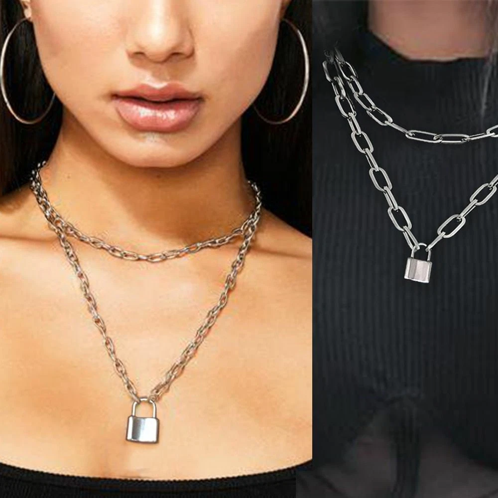 Stainless Steel Double Layer Key Lock Necklace Punk Link Chain