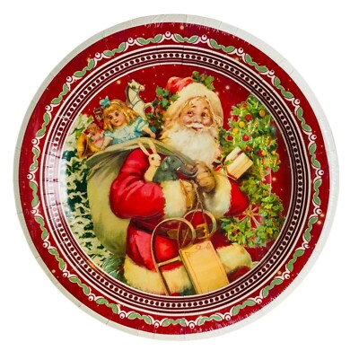 Punch Studio Christmas Vintage Santa Claus 10.5in Paper Dinner Plates 8 Count