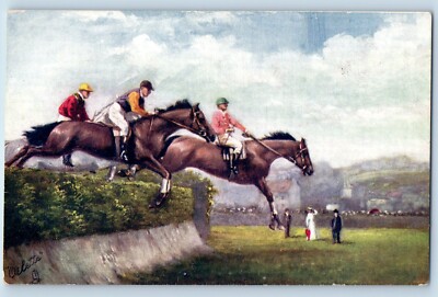 Oilette Tuck Postcard Horses Steeplechasing The Big Jump c1910's Antique