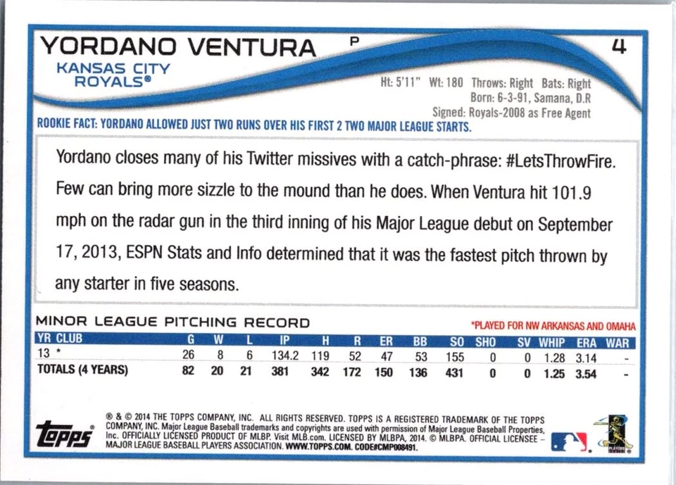 2014 Topps Opening Day Yordano Ventura #4 Kansas City Royals - Image 2 of 2