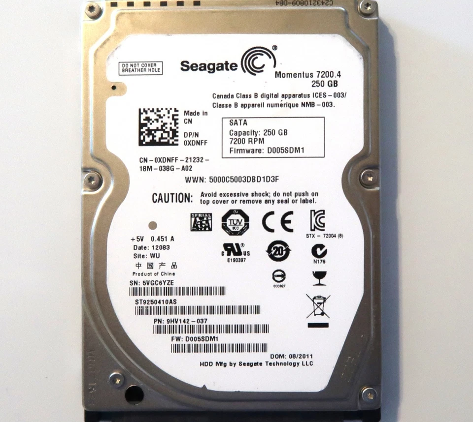 Seagate ST9250410AS 9HV142-037 D005SDM1 (5VG) WU China 2.5" 250gb Sata HDD 2011 - Image 2 of 2