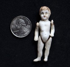 Antique Miniature 2.5in Bisque BOY Doll Jointed Limbs Dollhouse Doll Brown Hair