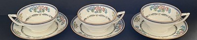SET of 3 MINTONS B898 Blue Bands, Floral, Smooth Edge China FOOTED CUP & SAUCER