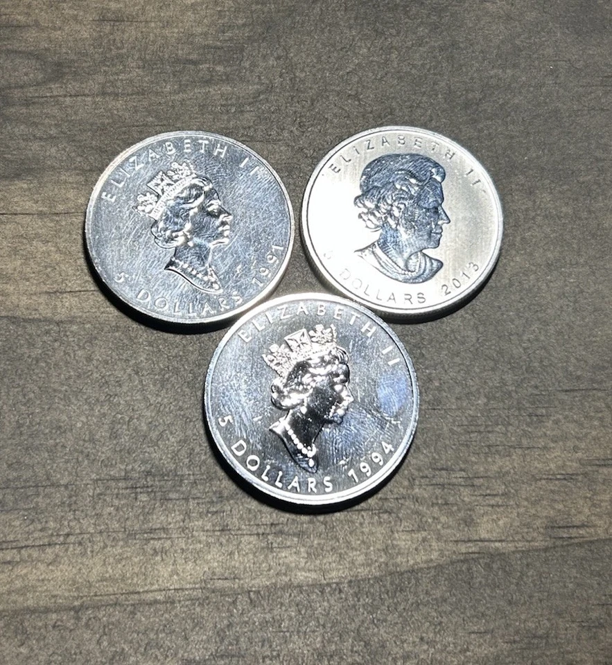 Lote de 3 monedas canadienses hoja de arce de plata de 1 oz - 1991, 1994, 2013 Foto 2 de 2