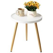 danpinera Small Round Side Table, Mini White Table with Wooden Tray  Metal L...