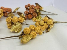 Gold Beaded Berry Picks Lot Of 8 Holiday Faux Floral