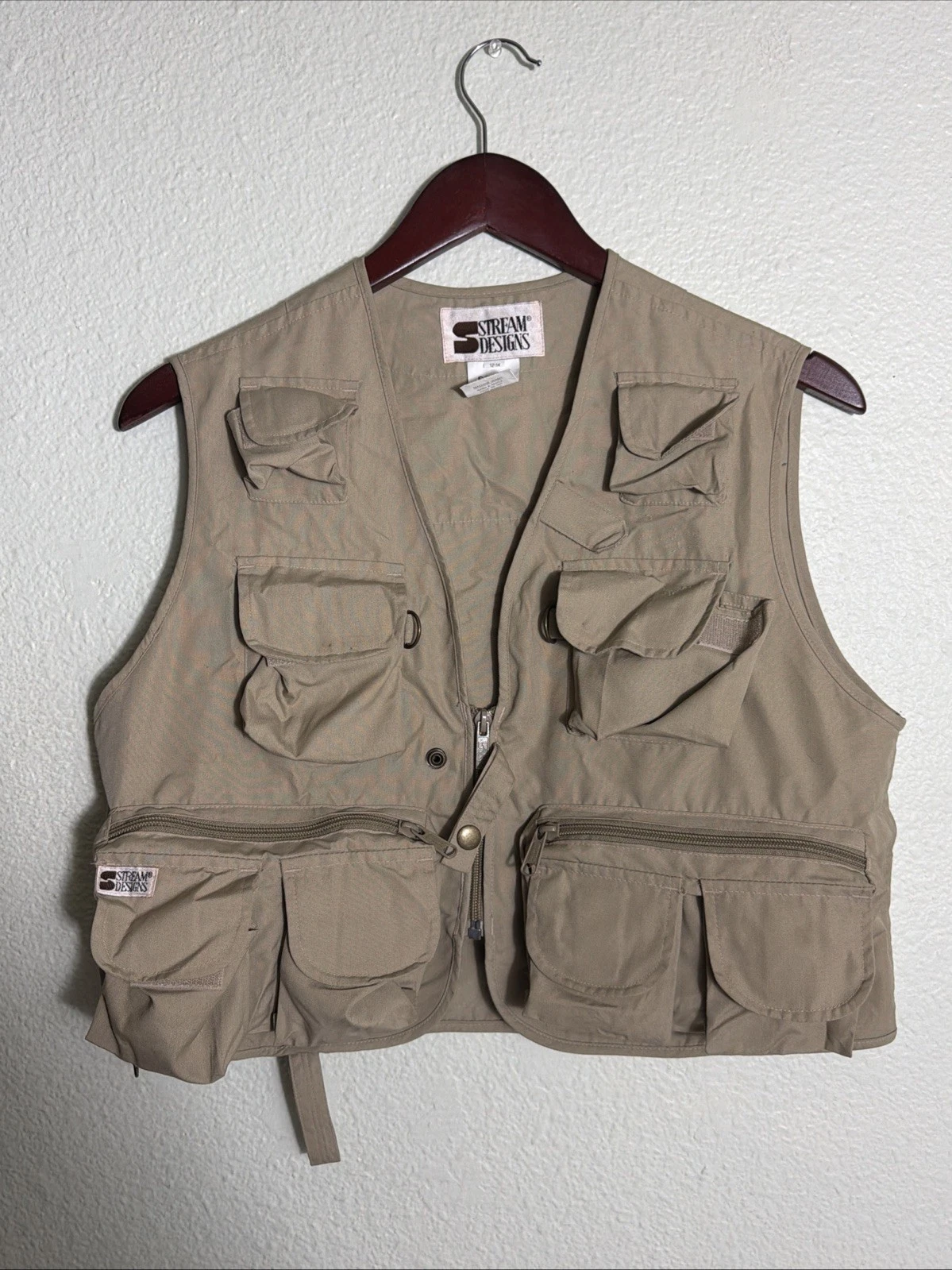 Vintage Stream Designs Youth Size 12/14 Beige Fishing Vest Polyester Cotton Blen