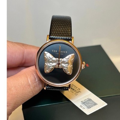 Ted Baker Phylipa Ladies Black Lizard Leather Strap Watch Rose Gold BowTie 