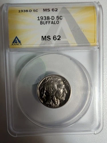 1938-D Buffalo Nickel ANACS MS 62 Certified Denver Mint Copper Coin