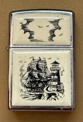 Vintage Lighthouse & Ship Scrimshaw Zippo Lighter Works