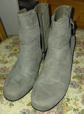 Gray Faux Suede Ankle Bootie for Women with Buckle and Side Zipper