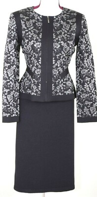 ST.JOHN Women's Black Metallic Silver Shimmer Print Zip Jacket & Skirt Sz 10