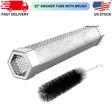 Pellet Smoker Tube, 12'' Smoker Tube with Brush, Premium Stainless Steel BBQ Woo