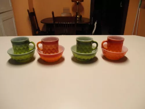 4 FIRE KING ANCHOR HOCKING 5" KIMBERLY DIAMOND BOWLS + coffee cups mugs