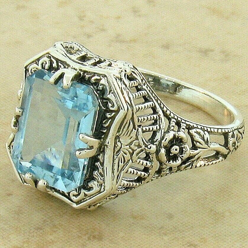 ART DECO STYLE GENUINE SKY BLUE TOPAZ 925 STERLING SILVER FILIGREE RING ...