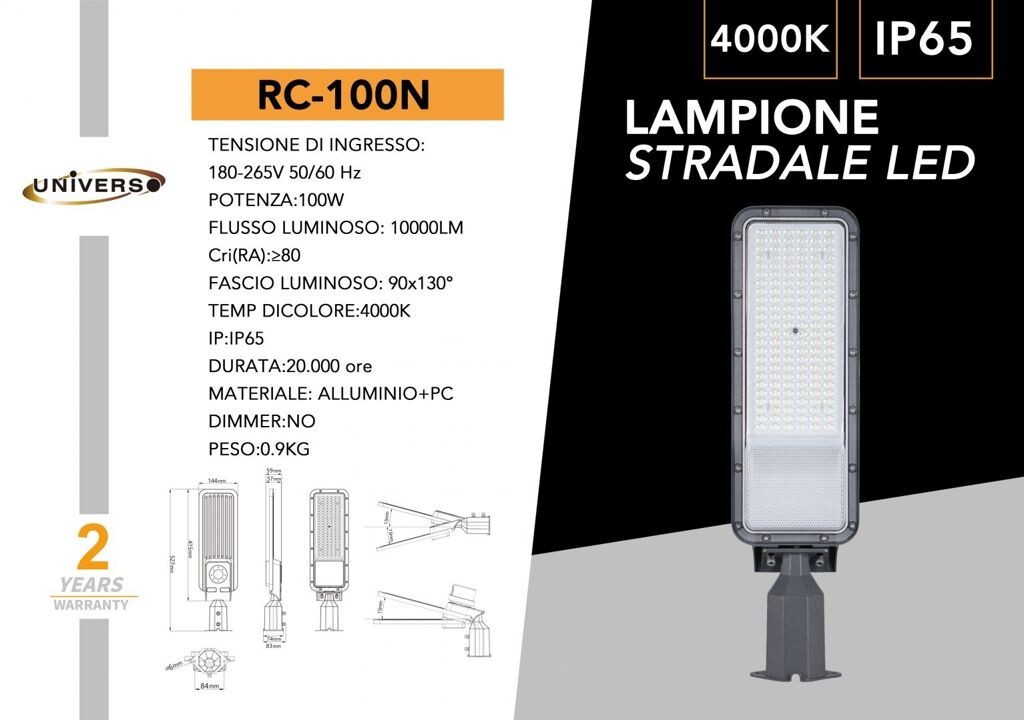 Lampione Stradale LED UNIVERSO RC-100N 100W 4000K 10000LM IP65