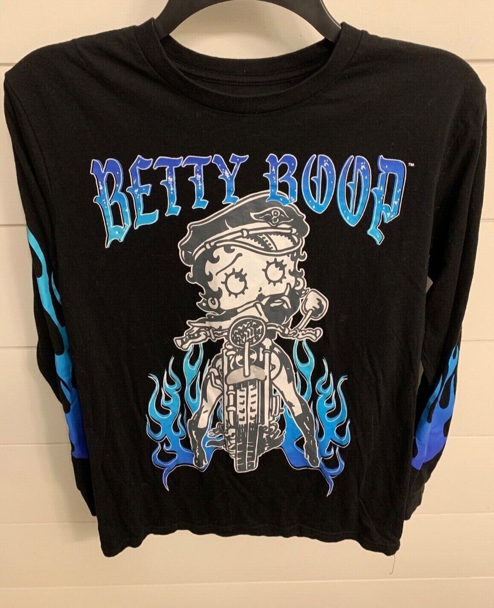 Betty Boop Motorcycle With Blue Flames Sleeves Long Sleeve Black