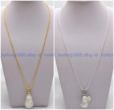 Natürliche 15x20mm Weiß Barock Perle Anhänger Gold/Silber Kette Halskette 14-28" - Bild 1 von 4