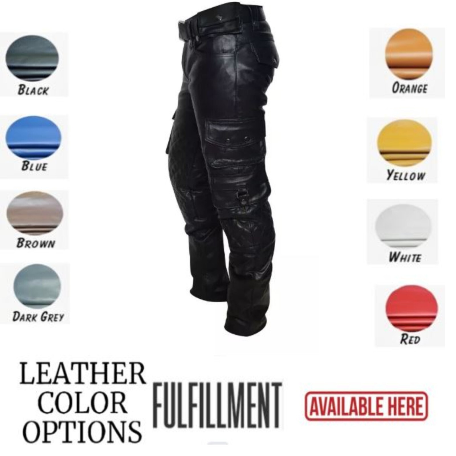 Mens New Leather Cargo Quilted Pant Real Leather Biker Pant Trousers BLUF