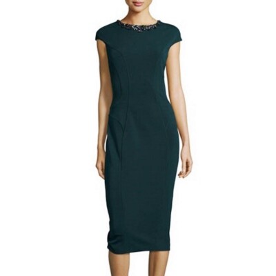 ted baker dark green dress TED BAKER DARDEE EMBELISHED BODYCON Sheath DRESS Jeweled Neck Stretch Green  1 S