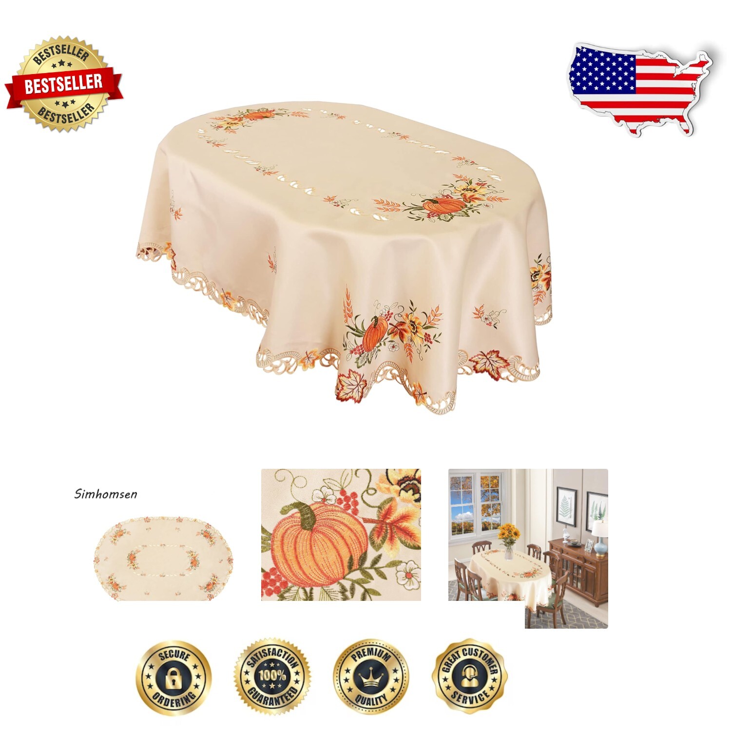 Elegant Embroidered Pumpkins & Sunflowers Thanksgiving Tablecloth 57