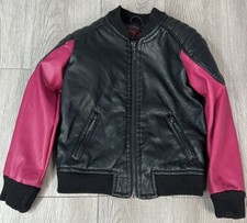 Yoki Girls Faux Leather Black w/ Dark Pink Sleeves Full Zip Jacket - 3T Medium