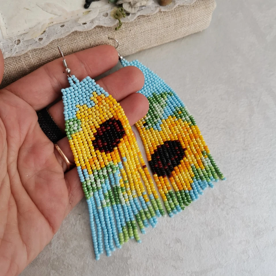 Girasol Pendientes Cuentas Largo Cuelga Semilla Cuentas Flecos Pendientes para Mujer Regalo Foto 2 de 4